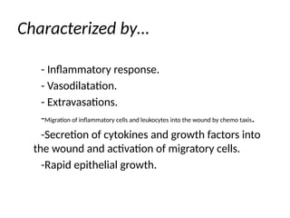 Characterized by…
- Inflammatory response.
- Vasodilatation.
- Extravasations.
-Migration of inflammatory cells and leukocytes into the wound by chemo taxis.
-Secretion of cytokines and growth factors into
the wound and activation of migratory cells.
-Rapid epithelial growth.
 