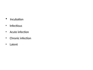 • Incubation
• Infectious
• Acute infection
• Chronic infection
• Latent
 