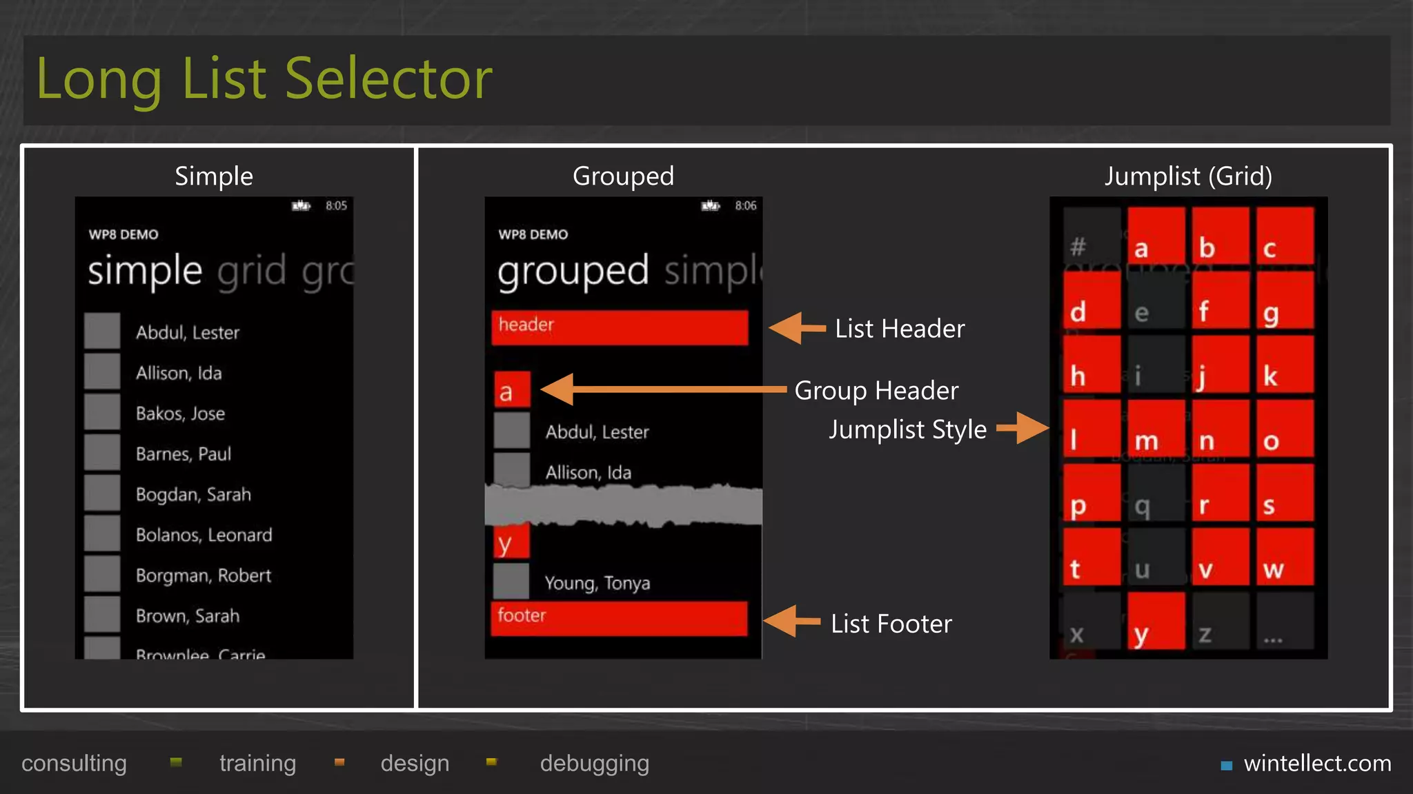 Long List Selector
             Simple                   Grouped                      Jumplist (Grid)




                                                   List Header

                                                Group Header
                                                  Jumplist Style




                                                  List Footer




consulting      training   design   debugging                                  wintellect.com
 