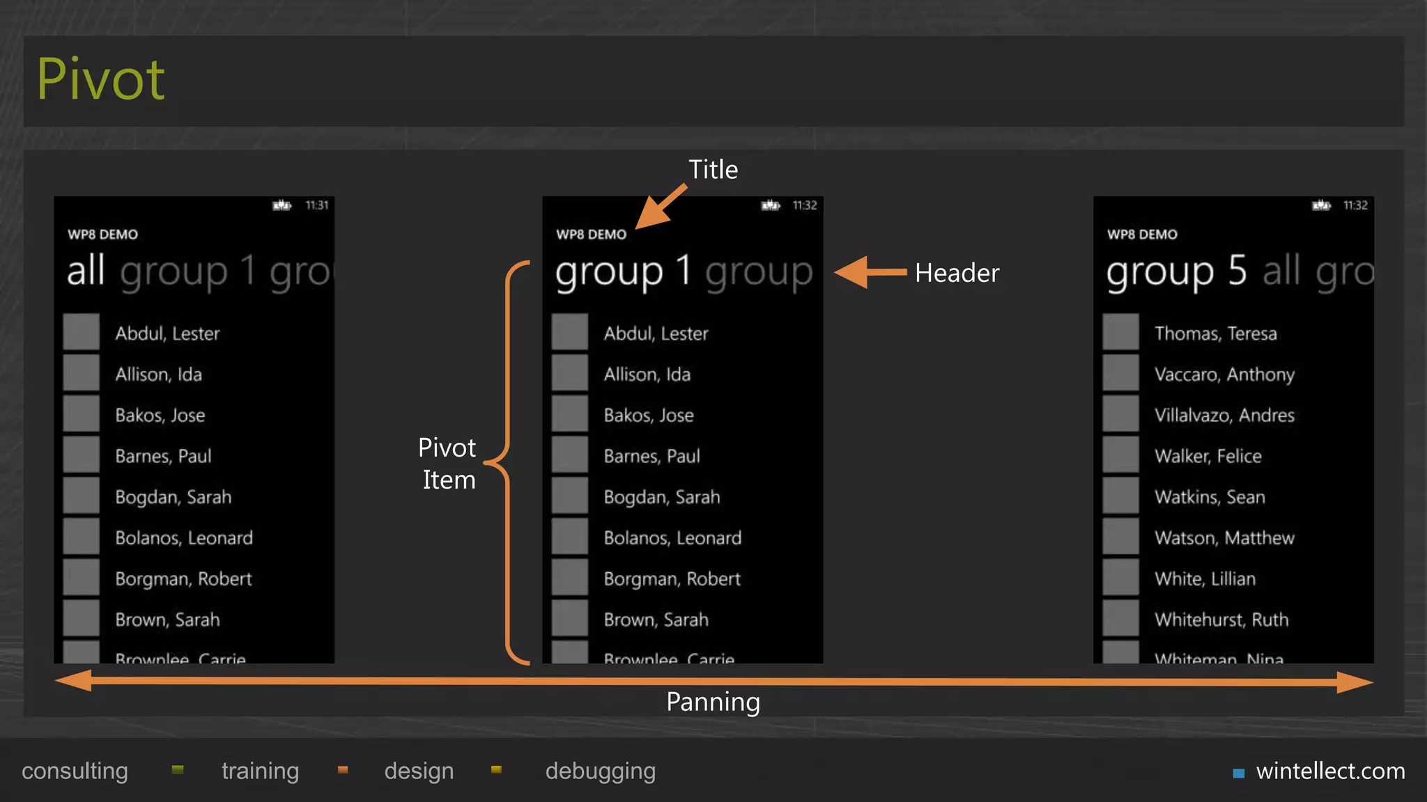 Pivot
                                               Title


                                                        Header




                          Pivot
                          Item




                                              Panning

consulting   training   design    debugging                      wintellect.com
 