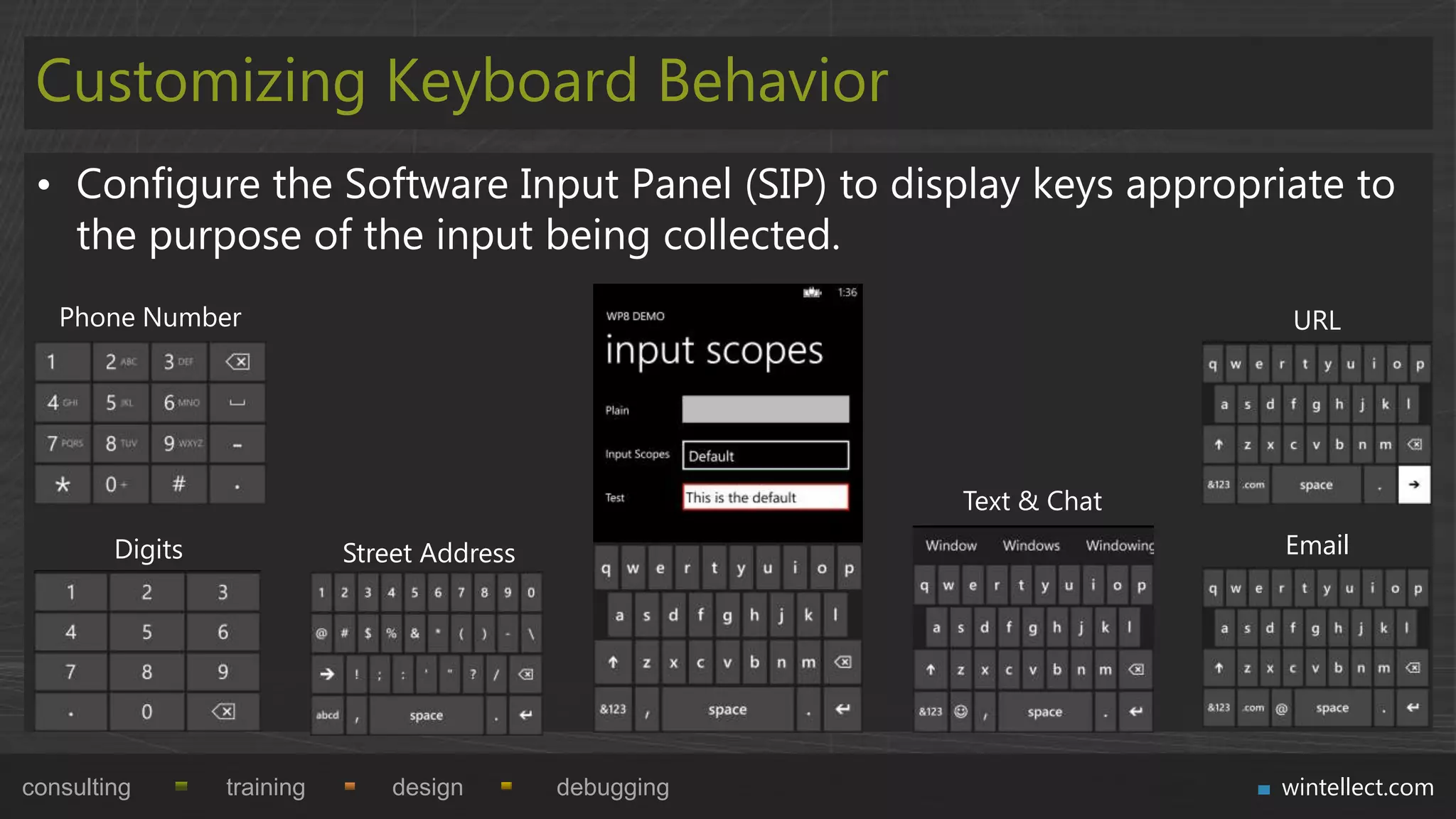 Customizing Keyboard Behavior
 • Configure the Software Input Panel (SIP) to display keys appropriate to
   the purpose of the input being collected.
   Phone Number                                                         URL




                                                         Text & Chat
        Digits              Street Address                             Email




consulting       training       design       debugging                 wintellect.com
 