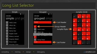 Long List Selector
             Simple                   Grouped                      Jumplist (Grid)




                                                   List Header

                                                Group Header
                                                  Jumplist Style




                                                  List Footer




consulting      training   design   debugging                                  wintellect.com
 