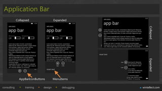Application Bar
             Collapsed                  Expanded




                                                              Collapsed
                                                              Expanded
               AppBarIconButtons        MenuItems

consulting         training    design        debugging   wintellect.com
 