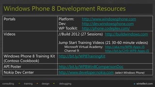 Windows Phone 8 Development Resources
 Portals                         Platform:     http://www.windowsphone.com
                                 Dev:          http://dev.windowsphone.com
                                 WP Toolkit: http://phone.codeplex.com/
 Videos                          //Build 2012 (27 Sessions) http://buildwindows.com

                                 Jump Start Training Videos (21 30-60 minute videos)
                                    Microsoft Virtual Academy: http://aka.ms/WP8-Apps-JS
                                    Channel 9:                 http://bit.ly/CH9-WP8-Apps-JS
 Windows Phone 8 Training Kit http://bit.ly/WP8TrainingKit
 (Contoso Cookbook)
 API Poster                   http://bit.ly/WP8Win8ComparisonDoc
 Nokia Dev Center                http://www.developer.nokia.com (select Windows Phone)

consulting   training   design   debugging                                         wintellect.com
 