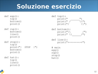 12
Soluzione esercizio
def egg():
top()
bottom()
print()
def cup():
bottom()
line()
print()
def stop():
top()
print("| STOP |")
bottom()
print()
def hat():
top()
line()
print()
def top():
print(" ______")
print(" / ")
print("/ ")
def bottom():
print(" /")
print(" ______/")
def line():
print("+--------+")
# main
egg()
cup()
stop()
hat()
 