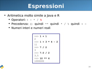 14
Espressioni
• Aritmetica molto simile a Java e R
 Operatori: + - * / %
 Precedenza: () quindi ** quindi * / % quindi + -
 Numeri interi e numeri reali
>>> 1 + 1
2
>>> 1 + 3 * 4 - 2
11
>>> 7 / 2
3
>>> 7.0 / 2
3.5
>>> 10 ** 6
1000000
 