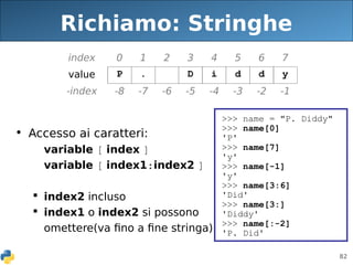 82
Richiamo: Stringhe
• Accesso ai caratteri:
variable [ index ]
variable [ index1:index2 ]
 index2 incluso
 index1 o index2 si possono
omettere(va fino a fine stringa)
index 0 1 2 3 4 5 6 7
value P . D i d d y
-index -8 -7 -6 -5 -4 -3 -2 -1
>>> name = "P. Diddy"
>>> name[0]
'P'
>>> name[7]
'y'
>>> name[-1]
'y'
>>> name[3:6]
'Did'
>>> name[3:]
'Diddy'
>>> name[:-2]
'P. Did'
 