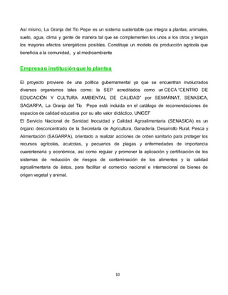 10
Así mismo, La Granja del Tío Pepe es un sistema sustentable que integra a plantas, animales,
suelo, agua, clima y gente de manera tal que se complementen los unos a los otros y tengan
los mayores efectos sinergéticos posibles. Constituye un modelo de producción agrícola que
beneficia a la comunidad, y al medioambiente
Empresao institución que lo plantea
El proyecto proviene de una política gubernamental ya que se encuentran involucrados
diversos organismos tales como: la SEP acreditados como un CECA “CENTRO DE
EDUCACIÓN Y CULTURA AMBIENTAL DE CALIDAD” por SEMARNAT, SENASICA,
SAGARPA, La Granja del Tío Pepe está incluida en el catálogo de recomendaciones de
espacios de calidad educativa por su alto valor didáctico, UNICEF
El Servicio Nacional de Sanidad Inocuidad y Calidad Agroalimentaria (SENASICA) es un
órgano desconcentrado de la Secretaría de Agricultura, Ganadería, Desarrollo Rural, Pesca y
Alimentación (SAGARPA), orientado a realizar acciones de orden sanitario para proteger los
recursos agrícolas, acuícolas, y pecuarios de plagas y enfermedades de importancia
cuarentenaria y económica, así como regular y promover la aplicación y certificación de los
sistemas de reducción de riesgos de contaminación de los alimentos y la calidad
agroalimentaria de éstos, para facilitar el comercio nacional e internacional de bienes de
origen vegetal y animal.
 