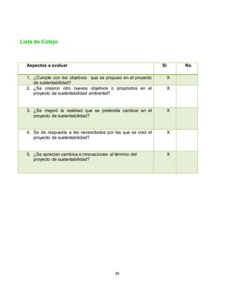 39
Lista de Cotejo
Aspectos a evaluar Si No
1. ¿Cumple con los objetivos que se propuso en el proyecto
de sustentabilidad?
X
2. ¿Se crearon otro nuevos objetivos o propósitos en el
proyecto de sustentabilidad ambiental?
X
3. ¿Se mejoró la realidad que se pretendía cambiar en el
proyecto de sustentabilidad?
X
4. Se da respuesta a las necesidades por las que se creó el
proyecto de sustentabilidad?
X
5. ¿Se aprecian cambios e innovaciones al término del
proyecto de sustentabilidad?
X
 