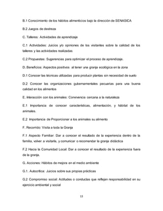 13
B.1 Conocimiento de los hábitos alimenticios bajo la dirección de SENASICA
B.2 Juegos de destreza
C. Talleres: Actividades de aprendizaje
C.1 Actividades: Juicios y/o opiniones de los visitantes sobre la calidad de los
talleres y las actividades realizadas
C.2 Propuestas: Sugerencias para optimizar el proceso de aprendizaje.
D. Beneficios: Aspectos positivos al tener una granja ecológica en la zona
D.1 Conocer las técnicas utilizadas para producir plantas sin necesidad de suelo
D.2 Conocer las organizaciones gubernamentales pecuarias para una buena
calidad en los alimentos
E. Interacción con los animales: Convivencia cercana a la naturaleza
E.1 Importancia de conocer características, alimentación, y hábitat de los
animales.
E.2 Importancia de Proporcionar a los animales su alimento
F. Recorrido: Visita a toda la Granja
F.1 Aspecto Familiar: Dar a conocer el resultado de la experiencia dentro de la
familia, volver a visitarla, y comunicar o recomendar la granja didáctica
F.2 Hacia la Comunidad Local: Dar a conocer el resultado de la experiencia fuera
de la granja.
G. Acciones: Hábitos de mejora en el medio ambiente
G.1. Autocrítica: Juicios sobre sus propias prácticas
G.2 Compromiso social: Actitudes o conductas que reflejan responsabilidad en su
ejercicio ambiental y social
 