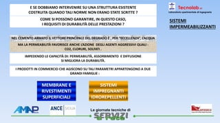 
Le giornate tecniche di
Tecnolab srl
Laboratorio sperimentale di ingegneria
E SE DOBBIAMO INTERVENIRE SU UNA STRUTTURA ESISTENTE
COSTRUITA QUANDO TALI NORME NON ERANO STATE SCRITTE ?
COME SI POSSONO GARANTIRE, IN QUESTO CASO,
I REQUISITI DI DURABILITÀ DELLE PRESTAZIONI ?
NEL CEMENTO ARMATO IL VETTORE PRINCIPALE DEL DEGRADO È , PER “ECCELLENZA”, L’ACQUA
IMPEDENDO LE CAPACITÀ DI: PERMEABILITÀ, ASSORBIMENTO E DIFFUSIONE
SI MIGLIORA LA DURABILITÀ.
MA LA PERMEABILITÀ FAVORISCE ANCHE L’AZIONE DEGLI AGENTI AGGRESSIVI QUALI :
CO2, CLORURI, SOLFATI .
I PRODOTTI IN COMMERCIO CHE AGISCONO SU TALI PARAMETRI APPARTENGONO A DUE
GRANDI FAMIGLIE :
MEMBRANE E
RIVESTIMENTI
SUPERFICIALI
SISTEMI
IMPREGNANTI
IDROREPELLENTI
SISTEMI
IMPERMEABILIZZANTI
 