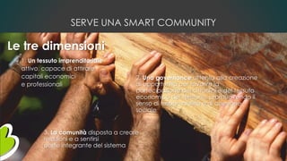 SERVE UNA SMART COMMUNITY
3. La comunità disposta a creare
relazioni e a sentirsi
parte integrante del sistema
1. Un tessuto imprenditoriale
attivo, capace di attirare
capitali economici
e professionali
2. Una governance attenta alla creazione
di opportunità per favorire la
partecipazione dei cittadini e del tessuto
economico del territorio, promuovendo il
senso di responsabilità e di coesione
sociale
Le tre dimensioni
 