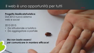 Il web è una opportunità per tutti
Progetto BasilicataTuristica
Dal 2012 nuovo sistema
web e social
2012-2015
• Da istituzionale a turistico
• Da aggregatore a portale
Ma non basta esserci
per comunicare in maniera efficace!
STRTG
 