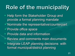Role of the municipality Help form the Stakeholder Group and provide a formal planning mandate Nominate the representative/counterpart Provide office space  Provide data and information Review and comments main documents Integrate LEAP planning decisions  with formal municipal/district planning 