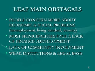 LEAP MAIN OBSTACALS PEOPLE CONCERN MORE ABOUT ECONOMIC & SOCIAL PROBLEMS (unemployment, living standard, security) MOST MUNICIPALITIES FACE A LACK OF FINANCE /DEVELOPMENT LACK OF COMMUNITY INVOLVMENT WEAK INSTITUTIONS & LEGAL BASE 