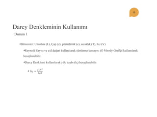 Darcy Denkleminin Kullanımı Bilinenler: Uzunluk (L), Çap (d), pürüzlülük (e), sıcaklık (T), hız (V) Reynold Sayısı ve e/d değeri kullanılarak sürtünme katsayısı (f) Moody Grafiği kullanılarak hesaplanabilir. Darcy Denklemi kullanılarak yük kaybı (hf) hesaplanabilir. 푕푓= 푓퐿푉22푔푑 
Durum 1  