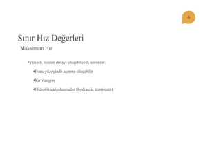 Sınır Hız Değerleri Yüksek hızdan dolayı oluşabilecek sorunlar: Boru yüzeyinde aşınma oluşabilir Kavitasyon Hidrolik dalgalanmalar (hydraulic transients) 
Maksimum Hız  