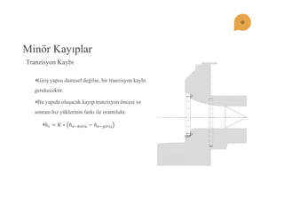 Giriş yapısı dairesel değilse, bir tranzisyon kaybı gerekecektir. Bu yapıda oluşacak kayıp tranzisyon öncesi ve sonrası hız yüklerinin farkı ile orantılıdır. 푕푡=퐾∗푕푣−푏표푟푢−푕푣−푔푖푟푖ş 
Minör Kayıplar 
Tranzisyon Kaybı  