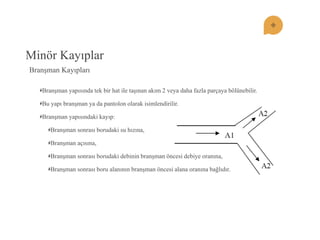 Minör Kayıplar 
Branşman Kayıpları Branşman yapısında tek bir hat ile taşınan akım 2 veya daha fazla parçaya bölünebilir. Bu yapı branşman ya da pantolon olarak isimlendirilir. Branşman yapısındaki kayıp: Branşman sonrası borudaki su hızına, Branşman açısına, Branşman sonrası borudaki debinin branşman öncesi debiye oranına, Branşman sonrası boru alanının branşman öncesi alana oranına bağlıdır.  