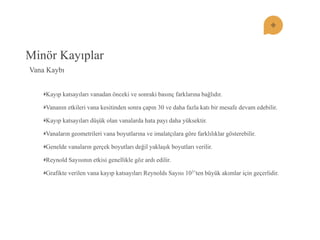 Minör Kayıplar 
Vana Kaybı Kayıp katsayıları vanadan önceki ve sonraki basınç farklarına bağlıdır. Vananın etkileri vana kesitinden sonra çapın 30 ve daha fazla katı bir mesafe devam edebilir. Kayıp katsayıları düşük olan vanalarda hata payı daha yüksektir. Vanaların geometrileri vana boyutlarına ve imalatçılara göre farklılıklar gösterebilir. Genelde vanaların gerçek boyutları değil yaklaşık boyutları verilir. Reynold Sayısının etkisi genellikle göz ardı edilir. Grafikte verilen vana kayıp katsayıları Reynolds Sayısı 103’ten büyük akımlar için geçerlidir.  