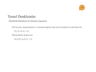 Temel Denklemler Tek boyutlu, sıkıştırılamayan ve zamandan bağımsız akış için bu denklem en sade halini alır. 퐴1 푉1=퐴2 푉2=푄 Sıkıştırılabilir akışkan için: 휌1퐴1푉1=휌2퐴2 푉2=푚 
Süreklilik Denklemi (Contunity Equation)  
