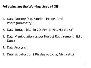 11
Following are the Working steps of GIS:
1. Data Capture (E.g. Satellite Image, Arial
Photogrammetry)
2. Data Storage (E.g. in CD, Pen drives, Hard disk)
3. Data Manipulation as per Project Requirement ( Edit
Data)
4. Data Analysis
5. Data Visualization ( Display outputs, Maps etc.)
 