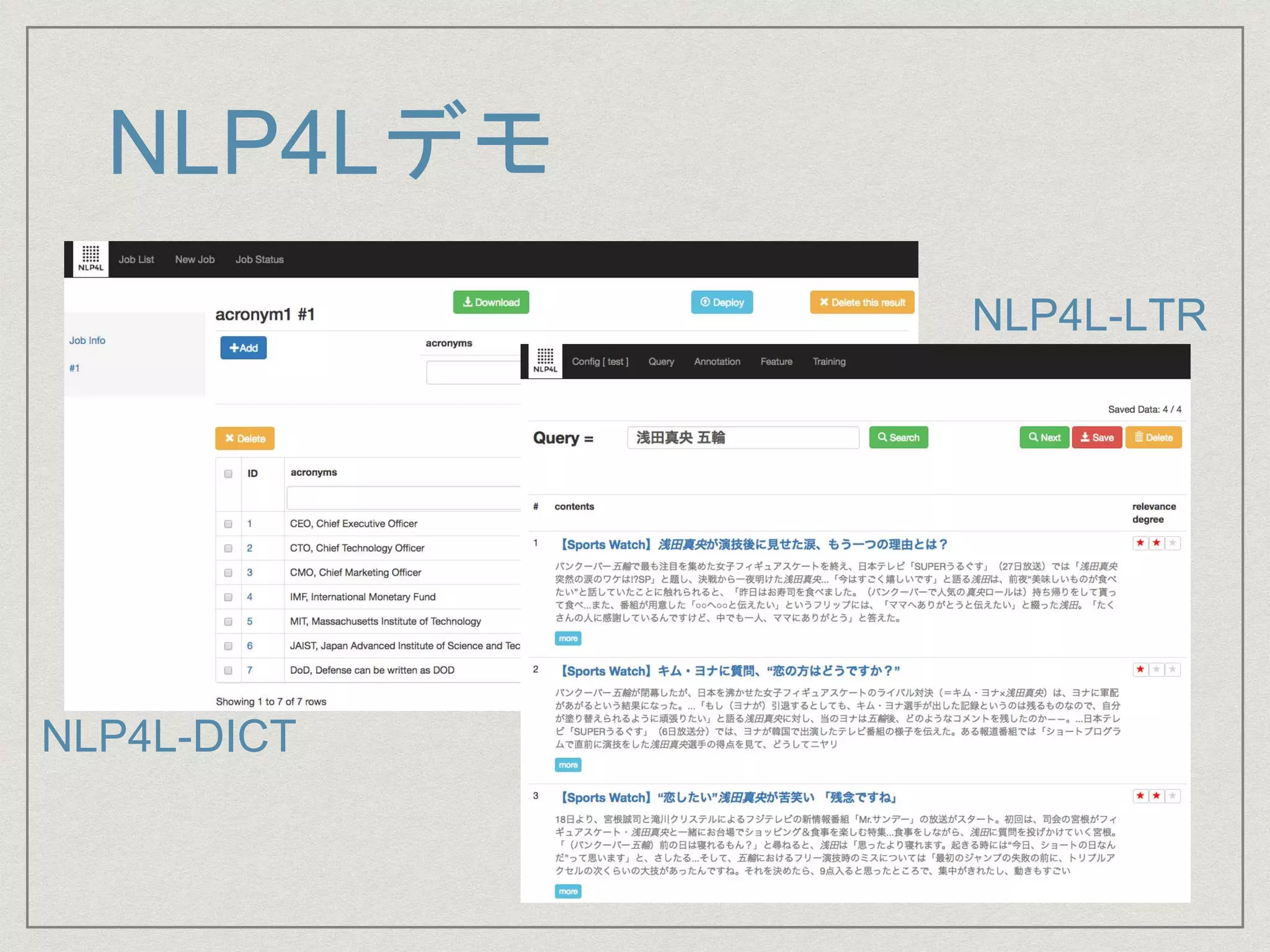 NLP4Lデモ
NLP4L-DICT
NLP4L-LTR
 