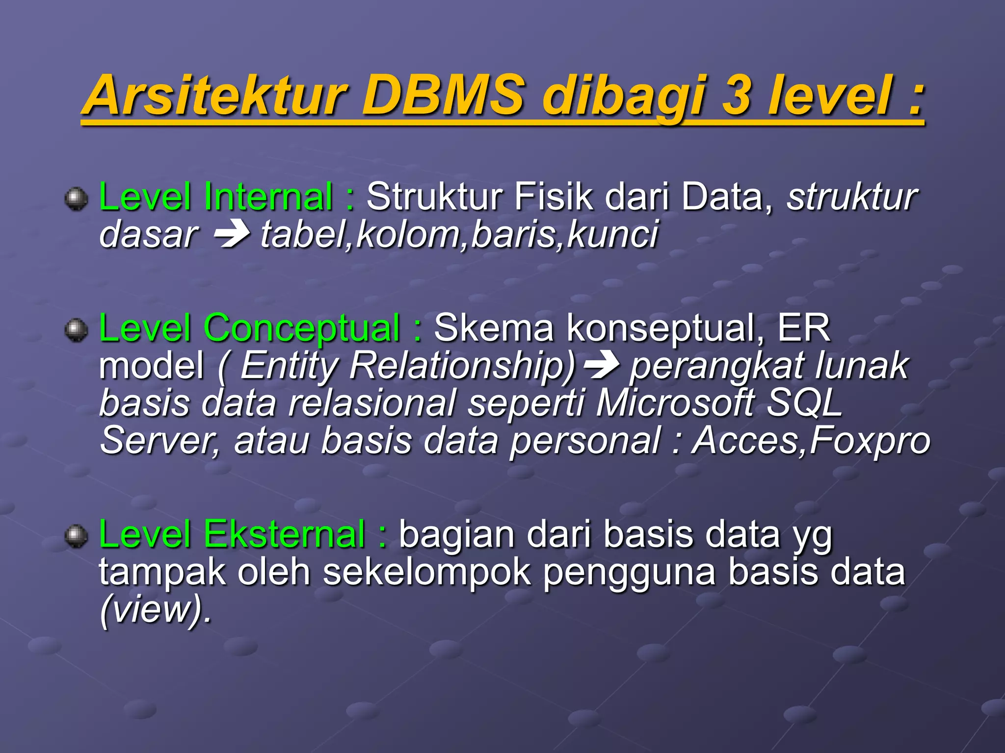 Arsitektur DBMS dibagi 3 level :
Level Internal : Struktur Fisik dari Data, struktur
dasar  tabel,kolom,baris,kunci
Level Conceptual : Skema konseptual, ER
model ( Entity Relationship) perangkat lunak
basis data relasional seperti Microsoft SQL
Server, atau basis data personal : Acces,Foxpro
Level Eksternal : bagian dari basis data yg
tampak oleh sekelompok pengguna basis data
(view).
 