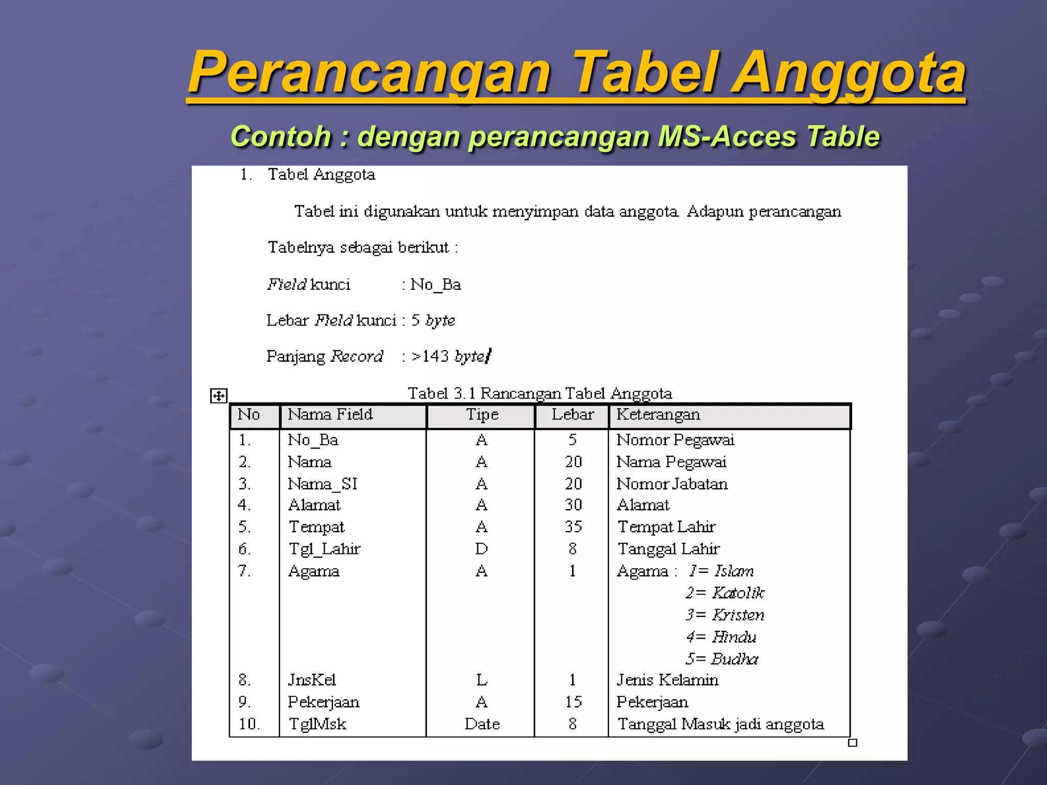 Perancangan Tabel Anggota
Contoh : dengan perancangan MS-Acces Table
 