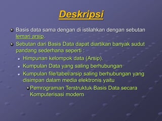 Deskripsi
Basis data sama dengan di istilahkan dengan sebutan
lemari arsip.
Sebutan dari Basis Data dapat diartikan banyak sudut
pandang sederhana seperti :
 Himpunan kelompok data (Arsip).
 Kumpulan Data yang saling berhubungan
 Kumpulan file/tabel/arsip saling berhubungan yang
disimpan dalam media elektronis yaitu
Pemrograman Terstruktuk Basis Data secara
Komputerisasi modern
 
