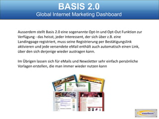 BASIS 2.0Global Internet Marketing DashboardDann hab ich mir mal angesehen, was Basis 2.0 so alles kann. Und was mich erschrocken hat ist die Tatsache, das all das oben genannte hier auch eingeschlossen ist, allerdings in nur einer Version und vollkommen unbeschränkt. Ich kann also soviele Kunden speichern und soviele Mails senden wie ich will.Zudem können Sie verkürzte URLs als Link zu anderen Ihrer Marketing-Seiten erstellen. Dann ist da noch ein fix-und-fertiges Geschäftsmodell, dass Sie ohne weitere Investitionen nutzen können.Damit ich nun auch erklären kann, was Basis 2.0 darüberhinaus so besonders macht, erst mal eine kurze Erläuterungzu der Frage: “Wie funktioniert nun eigentlich Internet MarketingSoftware?”