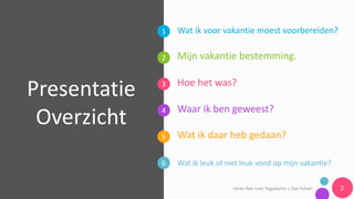 1
2
3
4
5
6
Presentatie	
Overzicht
Leren	Reis	naar	Yogyakarta	|	Dwi	Ashari
Wat ik voor vakantie moest voorbereiden?
Wat ik leuk of niet leuk vond op mijn vakantie?
Mijn vakantie bestemming.
Hoe het was?
Waar ik ben geweest?
Wat ik daar heb gedaan?
2
 