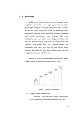 10
2.1.6 Normalisasi
Adalah proses untuk memperoleh properti-properti skema
yang baik menjadi bentuk normal yang mengoptimalisasi redudansi
(pengulangan data yang sama) pada sebuah basis data. Redudansi
tersebut bisa sangat berpengaruh dalam hal penggunaan media
penyimpanan (harddisk) karena jumlah data yang akan masuk akan
lebih banyak menggunakan ruang sehingga akan media
penyimpanan pun akan cepat penuh dengan banyaknya data
redudansi. Normalisasi pun mengoptimalisasi anomali (data tidak
konsisten) pada sebuah basis data. Anomali tersebut bisa
berpengaruh pada relasi yang telah kita buat karena adanya
kesamaan data pada satu relasi data, sehingga relasi pun akan
menggunakan data yang tidak konsisten.
Normalisasi terbagi menjadi beberapa bentuk dimulai dengan
tingkat terendah sampai dengan tingkat tertinggi, yaitu :
Gambar 2.6 Bentuk Normalisasi
a) Bentuk Normal Pertama (1NF)
Membuat lebih sederhana dengan penghilangan
group pada relasi tersebut dan penentuan primary key.
 