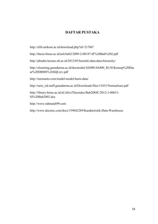 18
DAFTAR PUSTAKA
http://elib.unikom.ac.id/download.php?id=21786?
http://thesis.binus.ac.id/asli/bab2/2009-2-00187-IF%20Bab%202.pdf
http://pbsabn.lecture.ub.ac.id/2012/05/hierarki-data-data-hierarchy/
http://elearning.gunadarma.ac.id/docmodul/AS400/AS400_B1/01Konsep%20Das
ar%20DBMS%26SQLrev.pdf
http://nurmanto.com/model-model-basis-data/
http://neni_rid.staff.gunadarma.ac.id/Downloads/files/11031/Normalisasi.pdf
http://library.binus.ac.id/eColls/eThesisdoc/Bab2DOC/2012-1-00631-
SI%20Bab2002.doc
http://www.rahmatdi99.com
http://www.docstoc.com/docs/159842289/Karakteristik-Data-Warehouse
 
