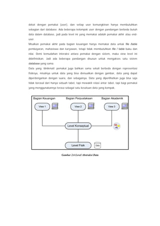 dekat dengan pemakai (user), dan setiap user kemungkinan hanya membutuhkan
sebagian dari database. Ada beberapa kelompok user dengan pandangan berbeda butuh
data dalam database, jadi pada level ini yang memakai adalah pemakai akhir atau end-
user.
Misalkan pemakai akhir pada bagian keuangan hanya memakai data untuk file /table
pembayaran, mahasiswa dan karyawan, tetapi tidak membutuhkan file / table buku dan
nilai. Demi kemudahan interaksi antara pemakai dengan sistem, maka view level ini
didefinisikan. Jadi ada beberapa pandangan disusun untuk mengakses satu sistem
database yang sama.
Data yang ‘dinikmati’ pemakai juga bahkan sama sekali berbeda dengan representasi
fisiknya, misalnya untuk data yang bisa divisualkan dengan gambar, data yang dapat
diperdengarkan dengan suara, dan sebagainya. Data yang diperlihatkan juga bisa saja
tidak berasal dari hanya sebuah tabel, tapi mewakili relasi antar tabel, tapi bagi pemakai
yang menggunakannya terasa sebagai satu kesatuan data yang kompak.
Gambar 2.6 Level Abstraksi Data
 