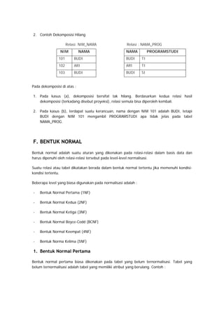 2. Contoh Dekomposisi Hilang
Relasi: NIM_NAMA Relasi : NAMA_PROG
NAMA PROGRAMSTUDI
BUDI TI
ARI TI
BUDI SI
Pada dekomposisi di atas :
1. Pada kasus (a), dekomposisi bersifat tak hilang. Berdasarkan kedua relasi hasil
dekomposisi (terkadang disebut proyeksi), relasi semula bisa diperoleh kembali.
2. Pada kasus (b), terdapat suatu kerancuan, nama dengan NIM 101 adalah BUDI, tetapi
BUDI dengan NIM 101 mengambil PROGRAMSTUDI apa tidak jelas pada tabel
NAMA_PROG.
F. BENTUK NORMAL
Bentuk normal adalah suatu aturan yang dikenakan pada relasi-relasi dalam basis data dan
harus dipenuhi oleh relasi-relasi tersebut pada level-level normalisasi.
Suatu relasi atau tabel dikatakan berada dalam bentuk normal tertentu jika memenuhi kondisi-
kondisi tertentu.
Beberapa level yang biasa digunakan pada normalisasi adalah :
- Bentuk Normal Pertama (1NF)
- Bentuk Normal Kedua (2NF)
- Bentuk Normal Ketiga (3NF)
- Bentuk Normal Boyce-Codd (BCNF)
- Bentuk Normal Keempat (4NF)
- Bentuk Norma Kelima (5NF)
1. Bentuk Normal Pertama
Bentuk normal pertama biasa dikenakan pada tabel yang belum ternormalisasi. Tabel yang
belum ternormalisasi adalah tabel yang memiliki atribut yang berulang. Contoh :
NIM NAMA
101 BUDI
102 ARI
103 BUDI
 