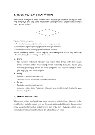 B. KETERHUBUNGAN (RELATIONSHIP)
Relasi adalah hubungan di antara beberapa entiti. Relationship set adalah sekumpulan relasi
yang mempunyai tipe yang sama. Relationship sets digambarkan dengan bentuk diamond
seperti gambar berikut :
Tiga tipe Relationship yaitu :
1. Relationship keberadaan (misalnya karyawan mempunyai anak)
2. Relationship fungsional (misalnya professor mengajar mahasiswa )
3. Relationship kejadian (misalnya pembeli memberi pesanan)
Sebuah Relationship memiliki derajat (degree) berdasarkan jumlah entitas yang terhubung
antara lain: Unary, Binary, Ternary dan Quaternary.
a. Unary
Tipe hubungan ini berbarti hubungan yang terjadi antara dirinya sendiri dlam sebuah
entitas; contohnya: entitas Pegawai yang memiliki Relationship Supervisor. Pegawai yang
menjadi Supervisor juga berasal dar entitas yang sama yaitu Pegawai sedangkan entitas
yang dituju juga pada entitas Pegawai.
b. Binary
Tipe hubungan ini antara dua entitas;
contohnya: entitas Pegawai dan entitas Kantor Cabang.
c. Ternary
Tipe hubungan ini antara tiga entitas;
contohnya :entitas Sales, Produk dan Pelanggan yang memiliki sebuah Relationship yang
bernama Penjualan.
1. Atribute Relationalship
Sebagaimana entitas, relationship juga dapat mempunyai atribut-atribut. Hubungan atribut
mendefinisikan sifat-sifat asosiasi yang ada (termasuk apakah atribut lain dapat diakses melalui
atribut yang diberikan) antara atribut tertentu dan atribut lain. Hubungan atribut secara
otomatis didefinisikan antara atribut kunci dan setiap atribut non-kunci.
 