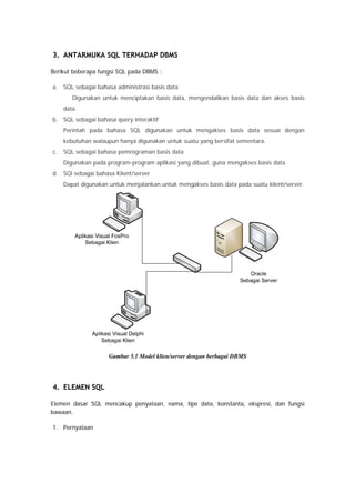 3. ANTARMUKA SQL TERHADAP DBMS
Berikut beberapa fungsi SQL pada DBMS :
a. SQL sebagai bahasa administrasi basis data
Digunakan untuk menciptakan basis data, mengendalikan basis data dan akses basis
data.
b. SQL sebagai bahasa query interaktif
Perintah pada bahasa SQL digunakan untuk mengakses basis data sesuai dengan
kebutuhan walaupun hanya digunakan untuk suatu yang bersifat sementara.
c. SQL sebagai bahasa pemrograman basis data
Digunakan pada program-program aplikasi yang dibuat, guna mengakses basis data.
d. SQl sebagai bahasa Klient/server
Dapat digunakan untuk menjalankan untuk mengakses basis data pada suatu klient/server.
Gambar 5.1 Model klien/server dengan berbagai DBMS
4. ELEMEN SQL
Elemen dasar SQL mencakup penyataan, nama, tipe data, konstanta, ekspresi, dan fungsi
bawaan.
1. Pernyataan
 
