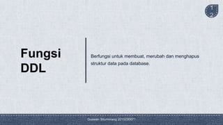Guswan Situmorang 2015230071
1
2
Fungsi
DDL
Berfungsi untuk membuat, merubah dan menghapus
struktur data pada database.
 