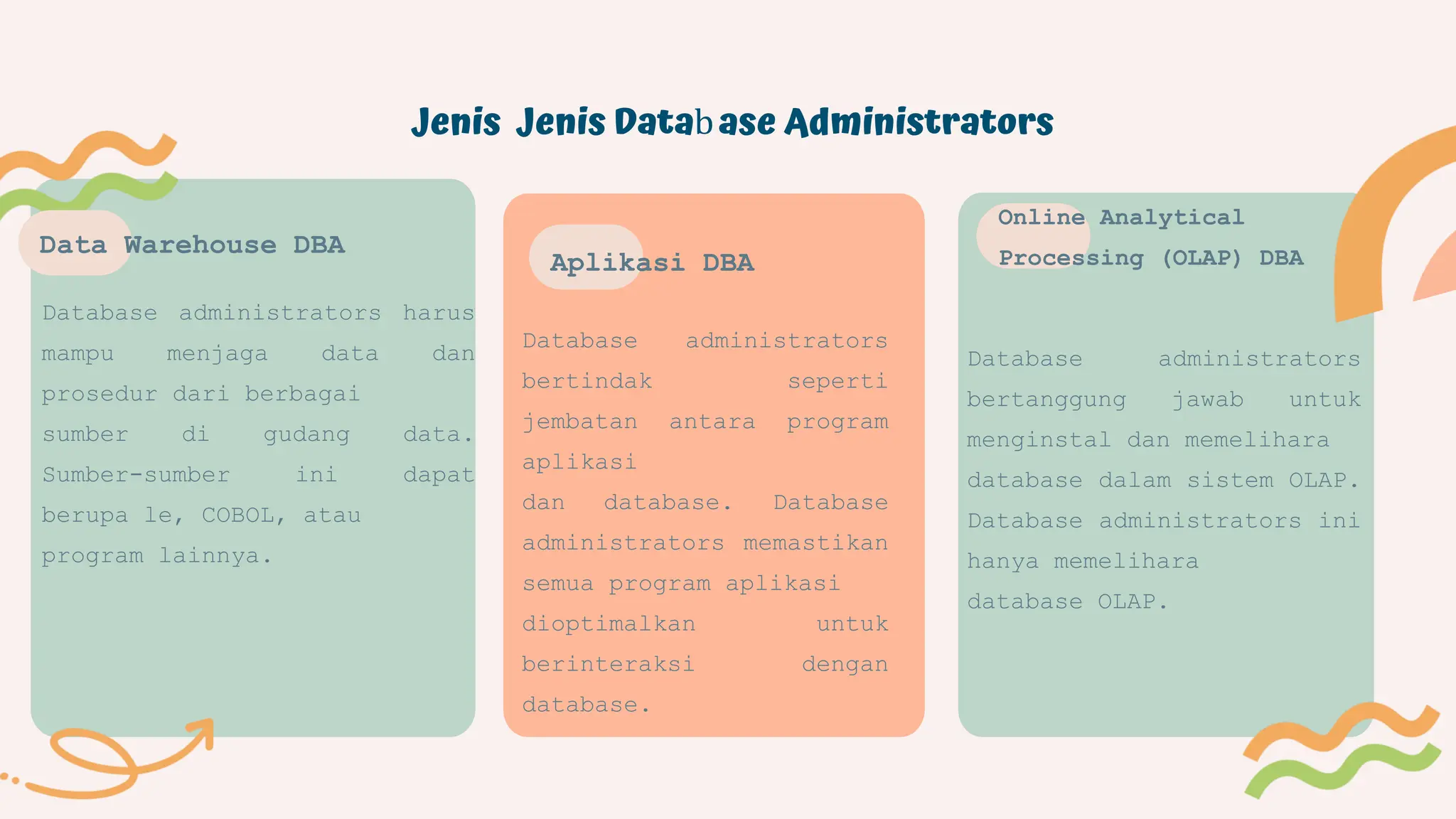 Jenis Jenis Database Administrators
Database administrators harus
mampu menjaga data dan
prosedur dari berbagai
sumber di gudang data.
Sumber-sumber ini dapat
berupa le, COBOL, atau
program lainnya.
Database administrators
bertindak seperti
jembatan antara program
aplikasi
dan database. Database
administrators memastikan
semua program aplikasi
dioptimalkan untuk
berinteraksi dengan
database.
Database administrators
bertanggung jawab untuk
menginstal dan memelihara
database dalam sistem OLAP.
Database administrators ini
hanya memelihara
database OLAP.
Data Warehouse DBA
Aplikasi DBA
Online Analytical
Processing (OLAP) DBA
 