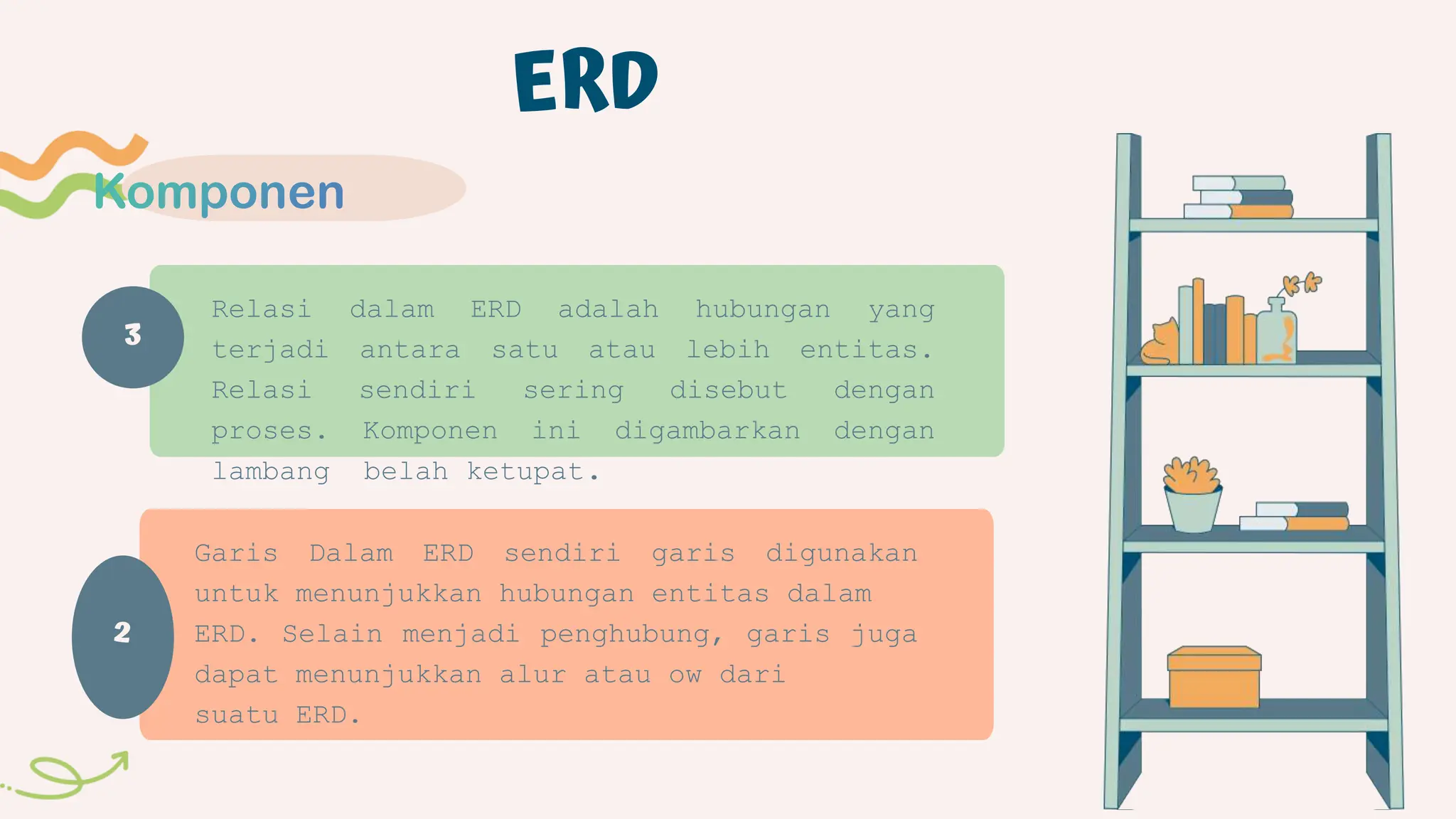 3
ERD
Relasi dalam ERD adalah hubungan yang
terjadi antara satu atau lebih entitas.
Relasi sendiri sering disebut dengan
proses. Komponen ini digambarkan dengan
lambang belah ketupat.
Garis Dalam ERD sendiri garis digunakan
untuk menunjukkan hubungan entitas dalam
ERD. Selain menjadi penghubung, garis juga
dapat menunjukkan alur atau ow dari
suatu ERD.
2
 