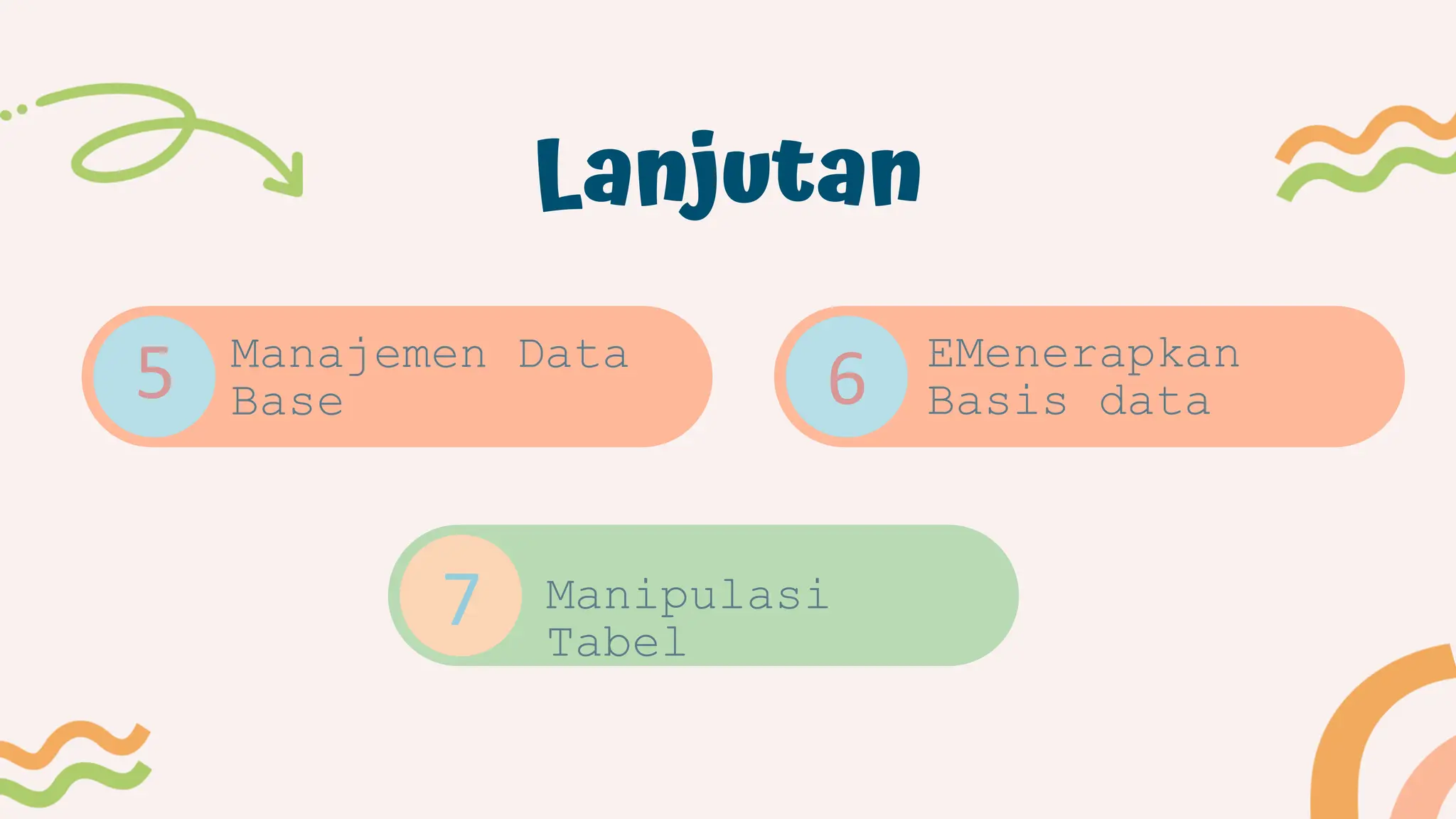Lanjutan
Manajemen Data
Base
Manipulasi
Tabel
EMenerapkan
Basis data
5 6
7
 