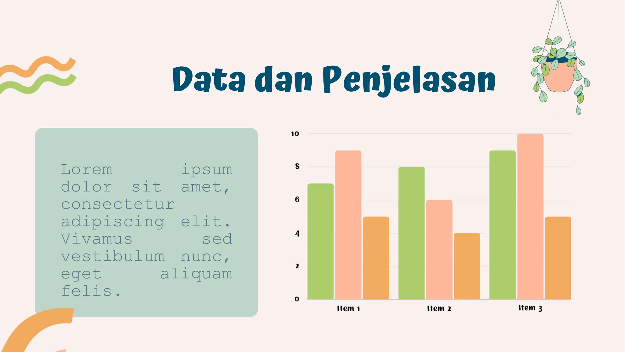 Data dan Penjelasan
Lorem ipsum
dolor sit amet,
consectetur
adipiscing elit.
Vivamus sed
vestibulum nunc,
eget aliquam
felis.
 