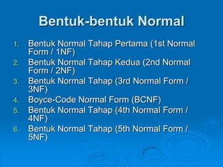 Bentuk-bentuk Normal
1.   Bentuk Normal Tahap Pertama (1st Normal
     Form / 1NF)
2.   Bentuk Normal Tahap Kedua (2nd Normal
     Form / 2NF)
3.   Bentuk Normal Tahap (3rd Normal Form /
     3NF)
4.   Boyce-Code Normal Form (BCNF)
5.   Bentuk Normal Tahap (4th Normal Form /
     4NF)
6.   Bentuk Normal Tahap (5th Normal Form /
     5NF)
 