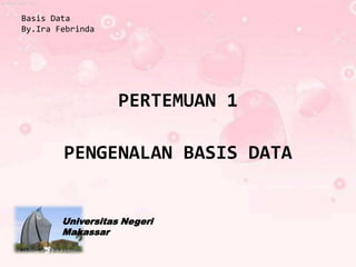 Basis Data
By.Ira Febrinda




                   PERTEMUAN 1

        PENGENALAN BASIS DATA


        Universitas Negeri
        Makassar
 
