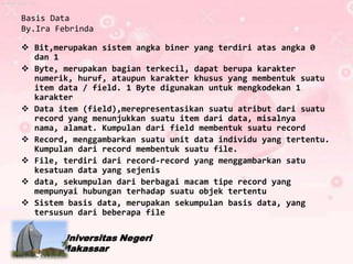 Basis Data
By.Ira Febrinda

 Bit,merupakan sistem angka biner yang terdiri atas angka 0
  dan 1
 Byte, merupakan bagian terkecil, dapat berupa karakter
  numerik, huruf, ataupun karakter khusus yang membentuk suatu
  item data / field. 1 Byte digunakan untuk mengkodekan 1
  karakter
 Data item (field),merepresentasikan suatu atribut dari suatu
  record yang menunjukkan suatu item dari data, misalnya
  nama, alamat. Kumpulan dari field membentuk suatu record
 Record, menggambarkan suatu unit data individu yang tertentu.
  Kumpulan dari record membentuk suatu file.
 File, terdiri dari record-record yang menggambarkan satu
  kesatuan data yang sejenis
 data, sekumpulan dari berbagai macam tipe record yang
  mempunyai hubungan terhadap suatu objek tertentu
 Sistem basis data, merupakan sekumpulan basis data, yang
  tersusun dari beberapa file

        Universitas Negeri
        Makassar
 