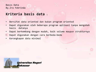 Basis Data
By.Ira Febrinda

Kriteria basis data             :


•   Bersifat data oriented dan bukan program oriented
•   Dapat digunakan oleh beberapa program aplikasi tanpa mengubah
    basis datanya
•   Dapat berkembang dengan mudah, baik volume maupun strukturnya
•   Dapat digunakan dengan cara berbeda-beda
•   Kerangkapan data minimal




         Universitas Negeri
         Makassar
 