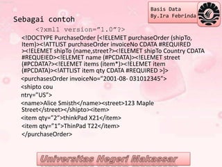 Basis Data
                                           By.Ira Febrinda
Sebagai contoh
      <?xml1 version=”1.0”?>
 <!DOCTYPE PurchaseOrder [<!ELEMET purchaseOrder (shipTo,
 Item)><!ATTLIST purchaseOrder invoiceNo CDATA #REQUIRED
 ><!ELEMET shipTo (name,street?><!ELEMET shipTo Country CDATA
 #REQUEIED><!ELEMET name (#PCDATA)><!ELEMET street
 (#PCDATA?><!ELEMET items (item*)><!ELEMET item
 (#PCDATA)><!ATTLIST item qty CDATA #REQUIRED >]>
 <purchasesOrder invoiceNo=”2001-08- 031012345”>
 <shipto cou
 ntry=”US”>
 <name>Alice Smisth</name><street>123 Maple
 Street</street></shipto><item>
 <item qty=”2”>thinkPad X21</item>
 <item qty=”1”>ThinPad T22</item>
 </purchaseOrder>
 