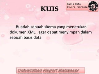 Basis Data

              KUIS        By.Ira Febrinda




   Buatlah sebuah skema yang menetukan
dokumen XML agar dapat menyimpan dalam
sebuah basis data
 