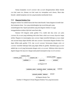 Semua kumpulan record customer dan account diorganisasikan dalam bentuk
root dari suatu tree, dimana root dari suatu tree merupakan node dummy. Basis data
hierarki adalah kumpulan root tree yang kemudian membantuk forest.


5.2.2 Diagram Struktur Tree
Diagram struktur tree adalah skema dari basis data hierarki. Suatu diagram ini terdiri dari
dua komponen dasar : box yang melambangkan tipe record dan garis yang
melambangkan link. Seperti pemodelan yang lain diagram struktur tree juga
menggambarkan struktur lojik dari suatu basis data.
       Ilustrasi E-R diagram untuk gambar 5.5.a. terdiri dari dua entity sets yaitu
customer & account yang terhubung oleh relasi biner, relasi one-to-many depositor tanpa
atribut. Diagram ini menerangkan satu customer dapat memiliki beberapa account, tetapi
satu account hanya dapat dimiliki oleh satu customer. Kesesuaian diagram Struktur Tree
dapat dilihat pada gambar 5.5.b. tipe record customer bersesuaian dengan entity set
customer memiliki beberapa field yang dapat dilihat di gambar. Demikian juga account
adalah tipe record yang bersesuaian dengan entity set account. Akhirnya relasi depositor
diganti dengan link depositor dengan anak panah menunjuk ke tipe record customer.


                 customer_street
                                                                     account_number
    customer_name                  customer_city                                      balance

                     customer                        depositor                 account


                                                   (a) Diagram E-R



                          customer_name        customer_street       customer_city    customer




                                       account_number balance             account


                                             (b) Diagram Struktur Tree

         Gambar 5.5 Diagram E-R dan Diagram Struktur Tree yang bersesuaian
 